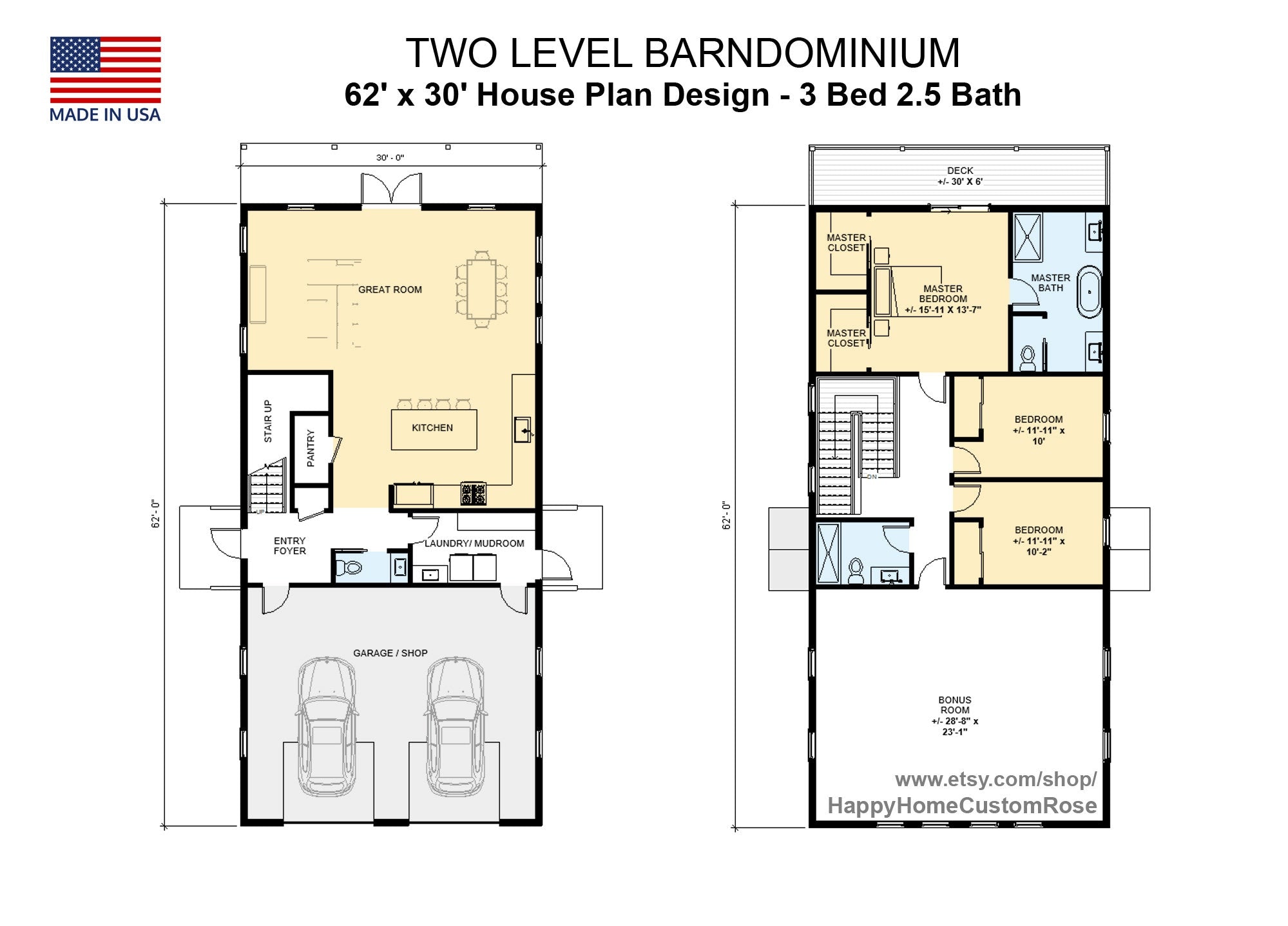 Tall Oak 2 story Barndominium House Plan Design - 3 Bed 2.5 Bath 2300 sq ft - 2 Garage - Drawings Blueprints