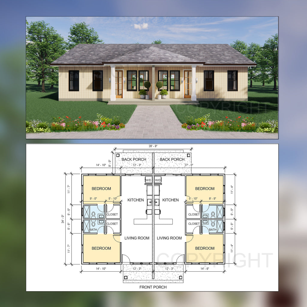Hip Roof Duplex Investment Rental House Plan Design - 1820 SF - Modern Spacious Multifamily - Drawings Blueprints - Investment Property