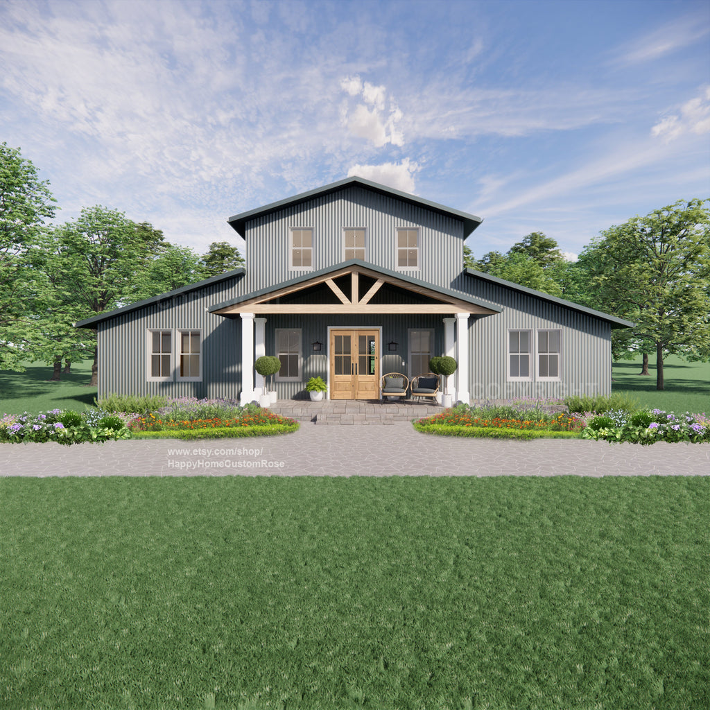 Hayloft Haven Two Story Monitor Style Barndrominium House Plans - Open Plan Design - 4 Bed 3.5 Bath - Drawings Blueprints