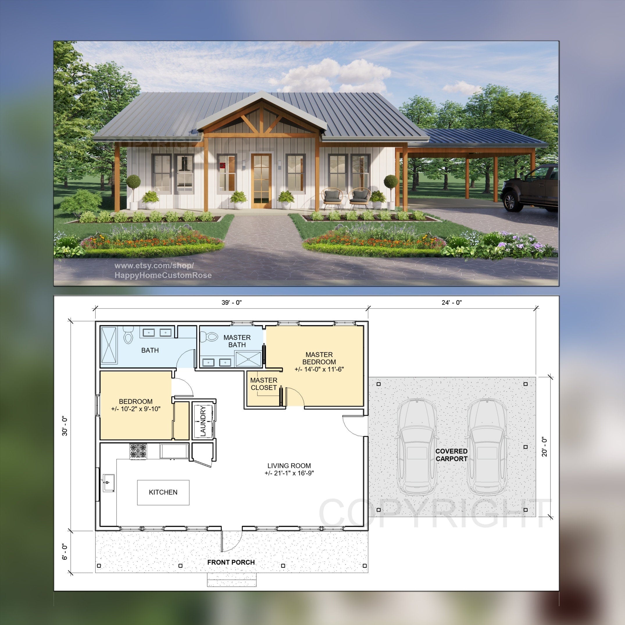 Affordable Idyllic Barndominium House Plan - 1170 SF, 2 Bed 2 Bath - Budget-Friendly Open Floor Plan Blueprints