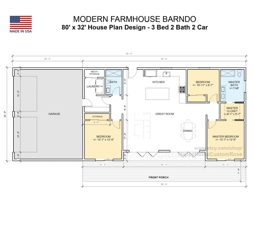Nordic Barndominium Modern House Open Plan Design 80 x 32 - 3 Bed 2 Bath -  Drawings Blueprints