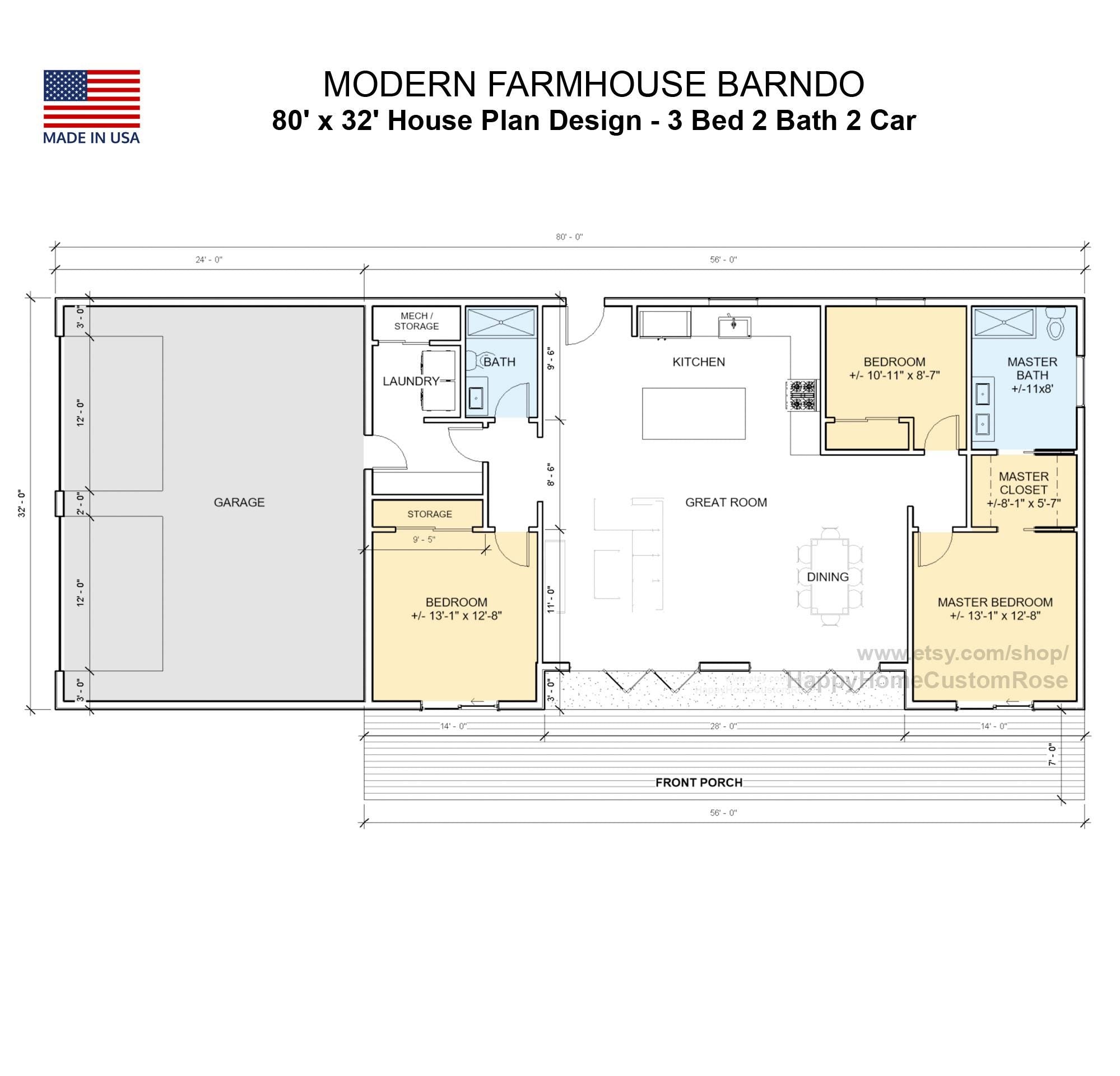 Nordic Barndominium Modern House Open Plan Design 80 x 32 - 3 Bed 2 Bath -  Drawings Blueprints