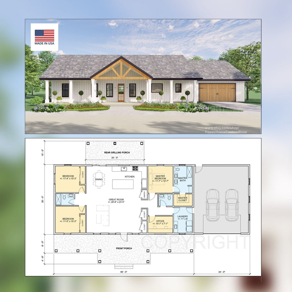 Harvest Farmstead Modern House Open Plan Design 84 x 30 - 3 Bed 2.5 Bath 2 Car -  Drawings Blueprints