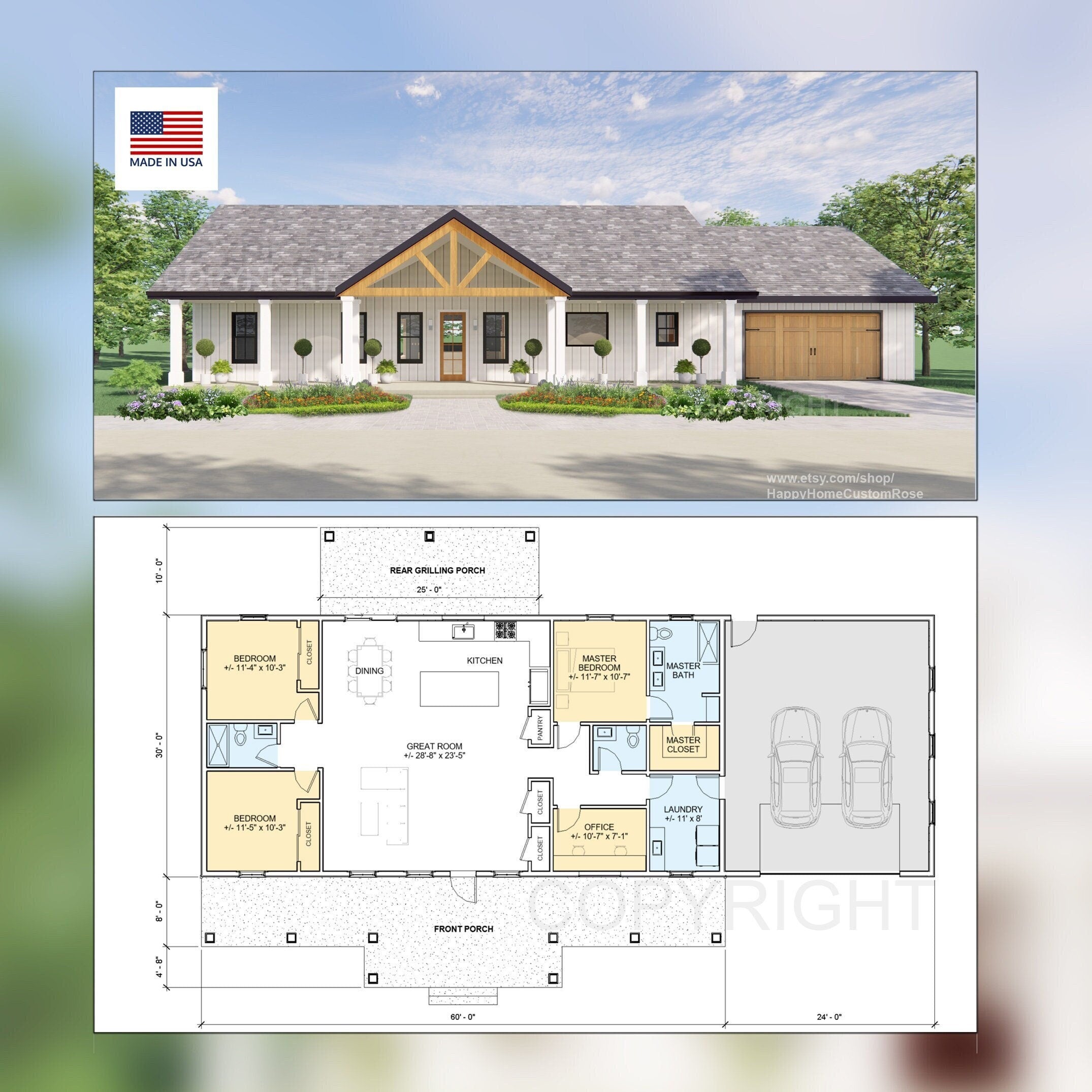 Harvest Farmstead Modern House Open Plan Design 84 x 30 - 3 Bed 2.5 Bath 2 Car -  Drawings Blueprints