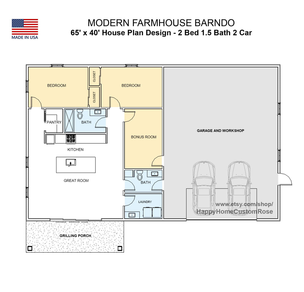 Great Ozark Homestead Barndominium - 40' x 65' House Plan Design - 2 Bed 1.5 Bath - Drawings Blueprints
