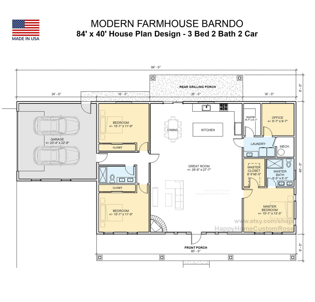 Rocky Ridge Barndominium Modern House Open Plan Design 84 x 40 - 3 Bed 2 Bath -  Drawings Blueprints