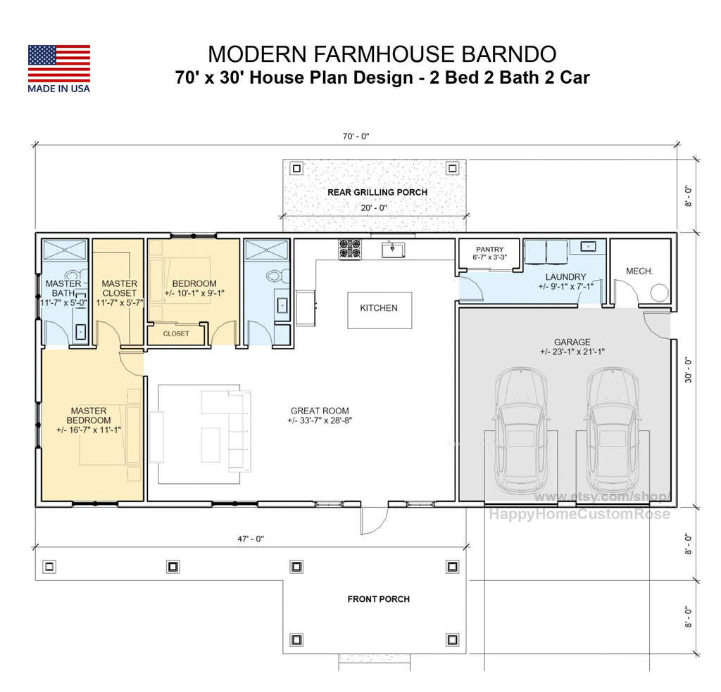 Enduring Elm Barndominium Modern House Open Plan Design 70 x 30 - 2 Bed 2 Bath -  Drawings Blueprints