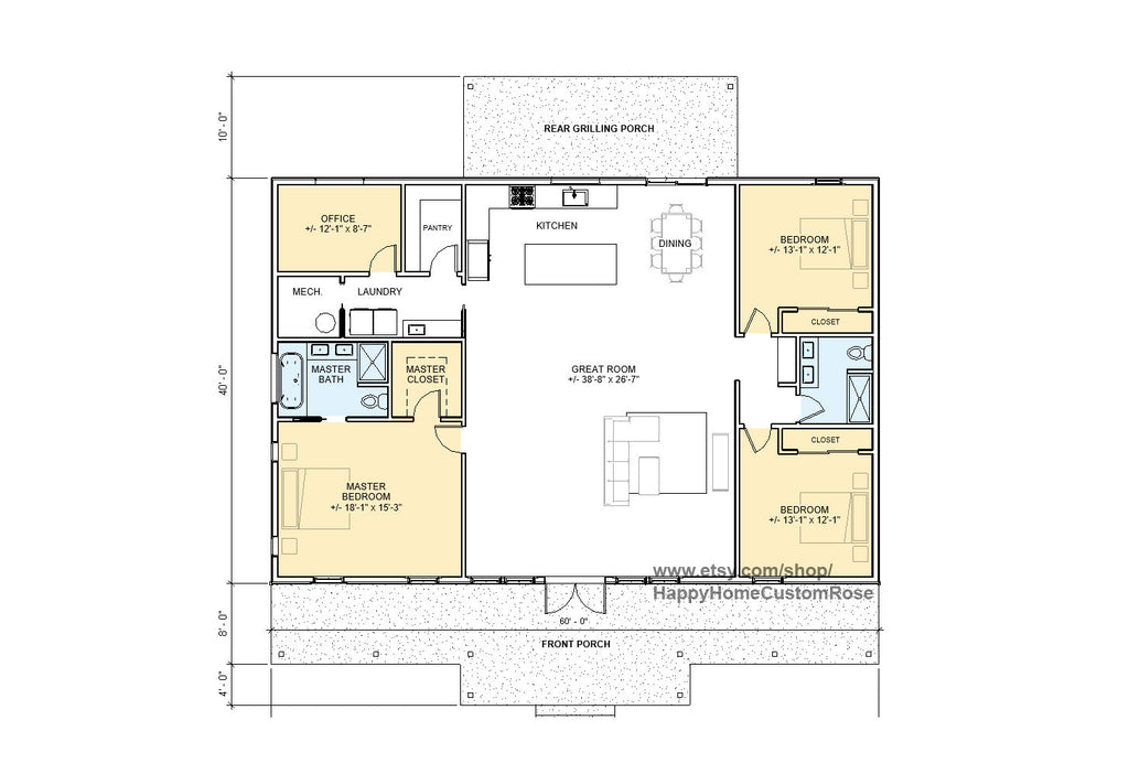 Farmhouse Barndominium - 40' x 60' House Plan Design - 3 Bed 2 Bath - Drawings Blueprints