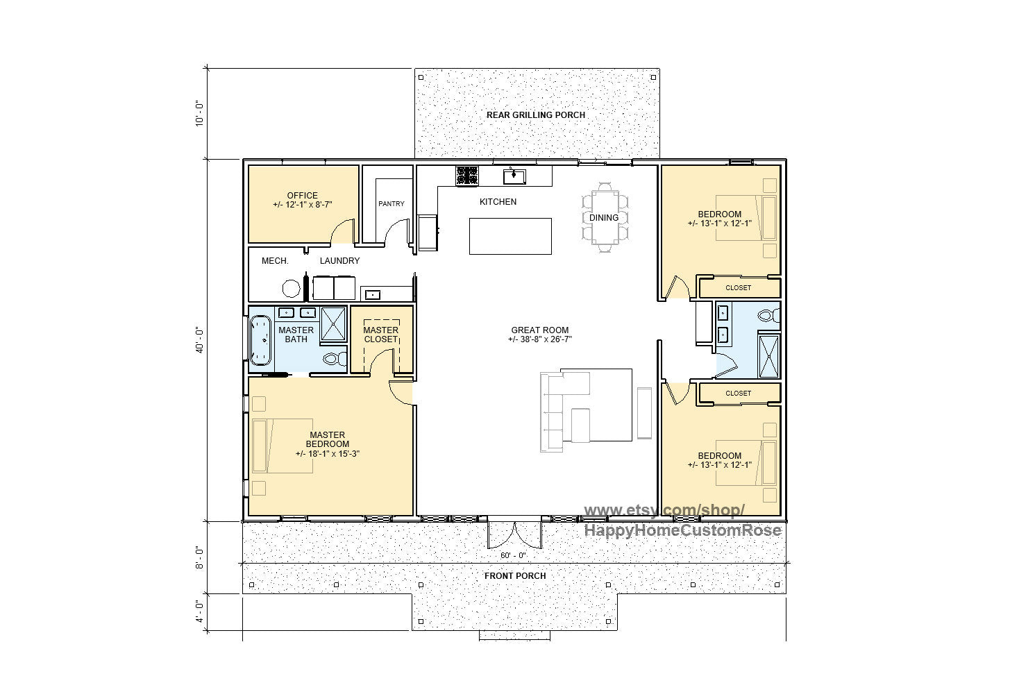 Farmhouse Barndominium - 40' x 60' House Plan Design - 3 Bed 2 Bath - Drawings Blueprints