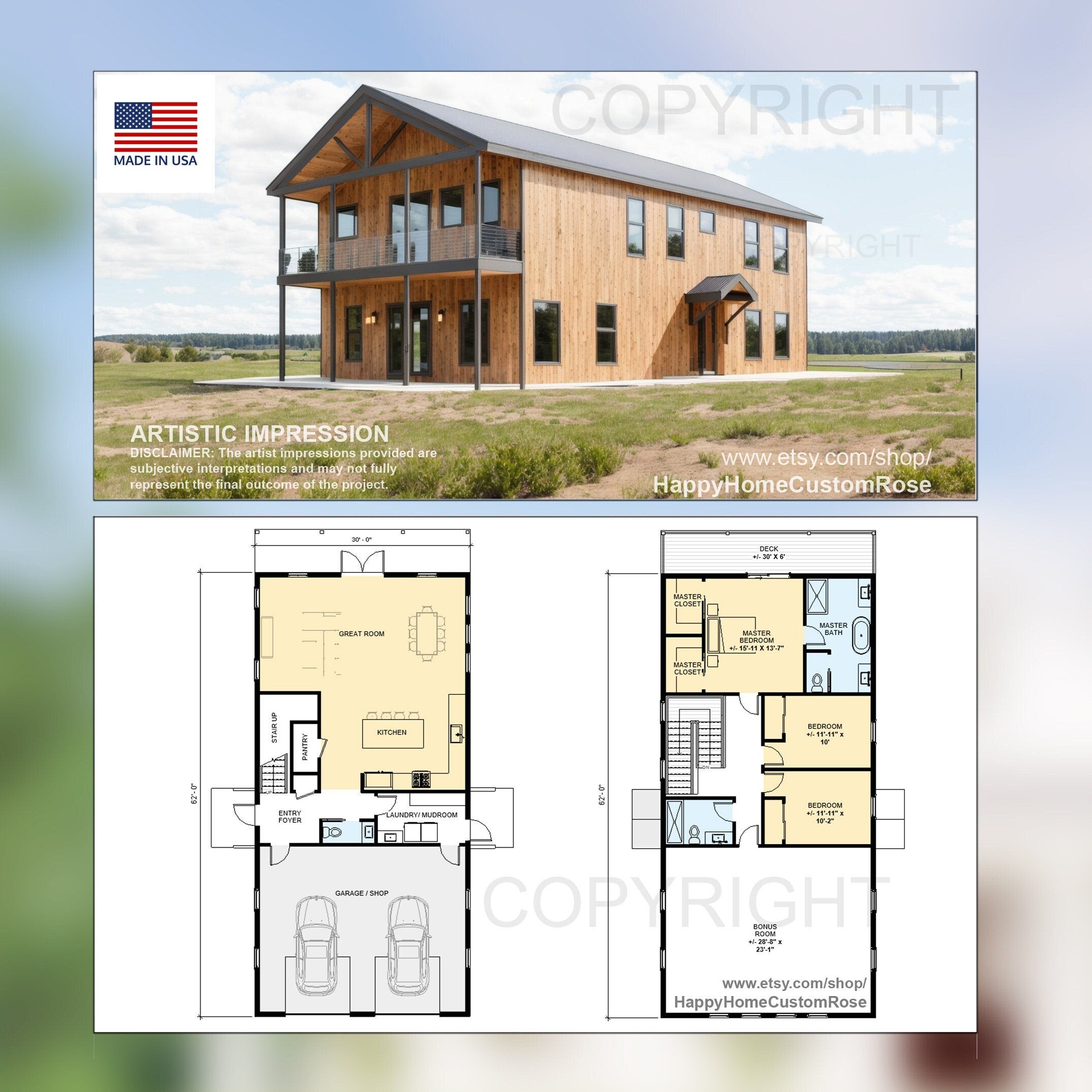 Tall Oak 2 story Barndominium House Plan Design - 3 Bed 2.5 Bath 2300 sq ft - 2 Garage - Drawings Blueprints