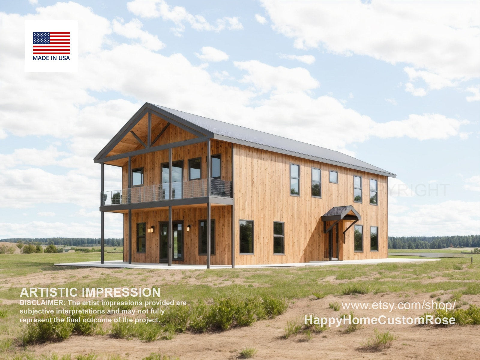 Tall Oak 2 story Barndominium House Plan Design - 3 Bed 2.5 Bath 2300 sq ft - 2 Garage - Drawings Blueprints