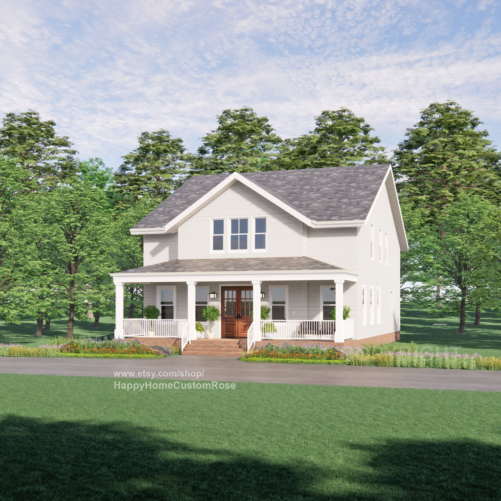 Tall Oak Country Style Farmhouse - Two Story  - 4 Bed 4 Bath - 58x35' - 3480 Square Feet -  Drawings Blueprints