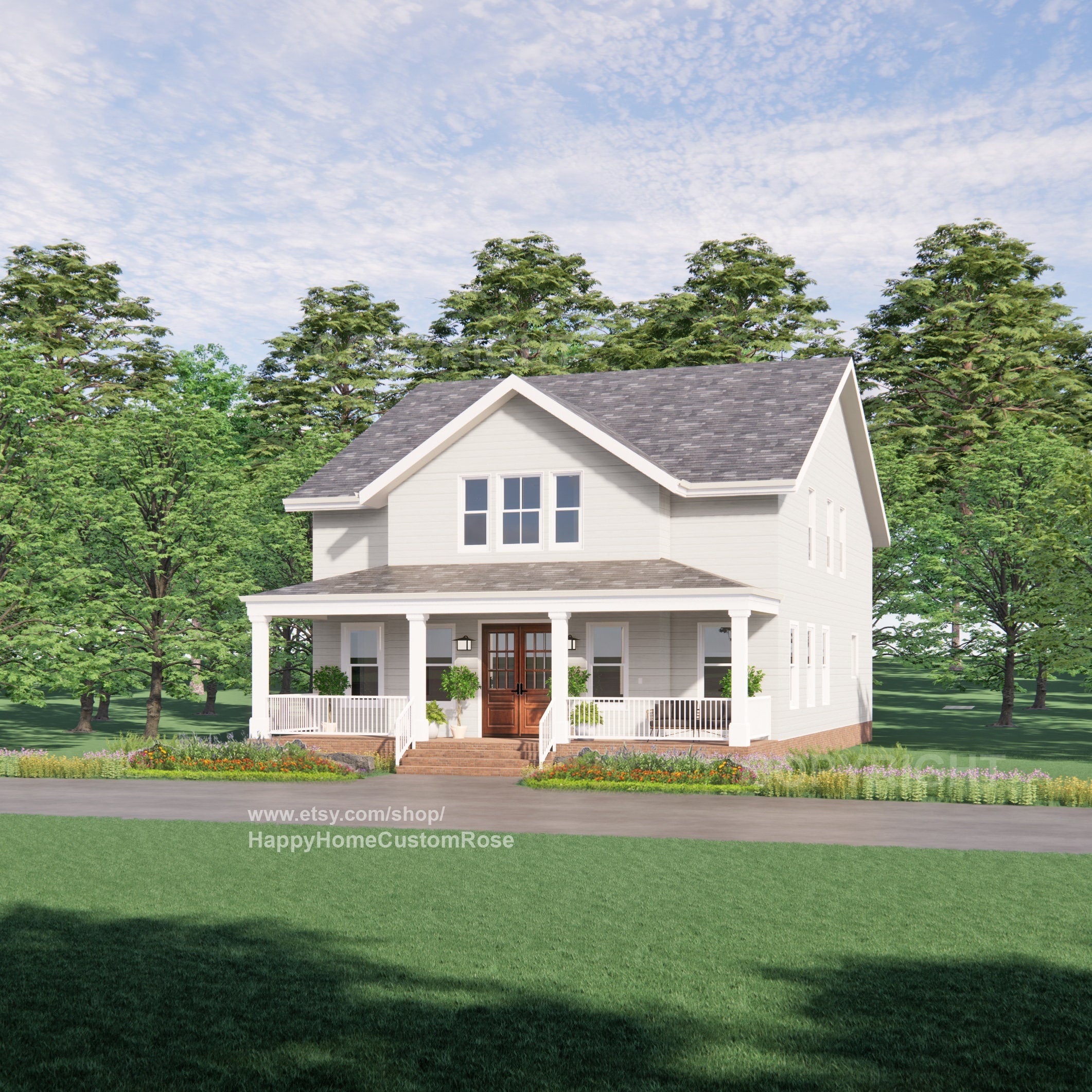 Tall Oak Country Style Farmhouse - Two Story  - 4 Bed 4 Bath - 58x35' - 3480 Square Feet -  Drawings Blueprints