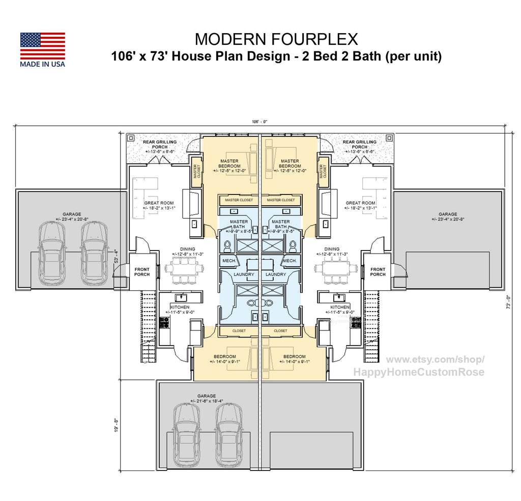 Hip Roof Fourplex Investment Rental Plan - 8 Bed 8 bath - Modern Spacious Multifamily - Drawings Blueprints - Investment Property