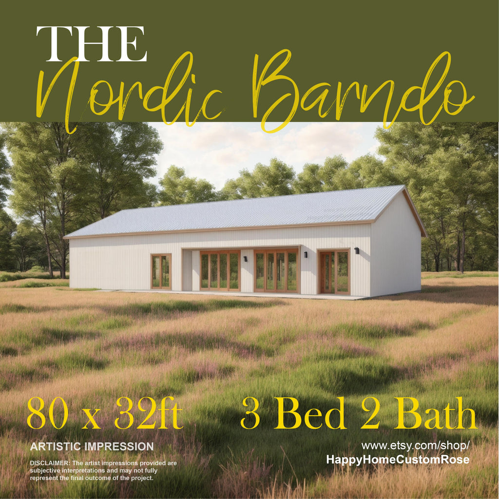 Nordic Barndominium Modern House Open Plan Design 80 x 32 - 3 Bed 2 Bath -  Drawings Blueprints