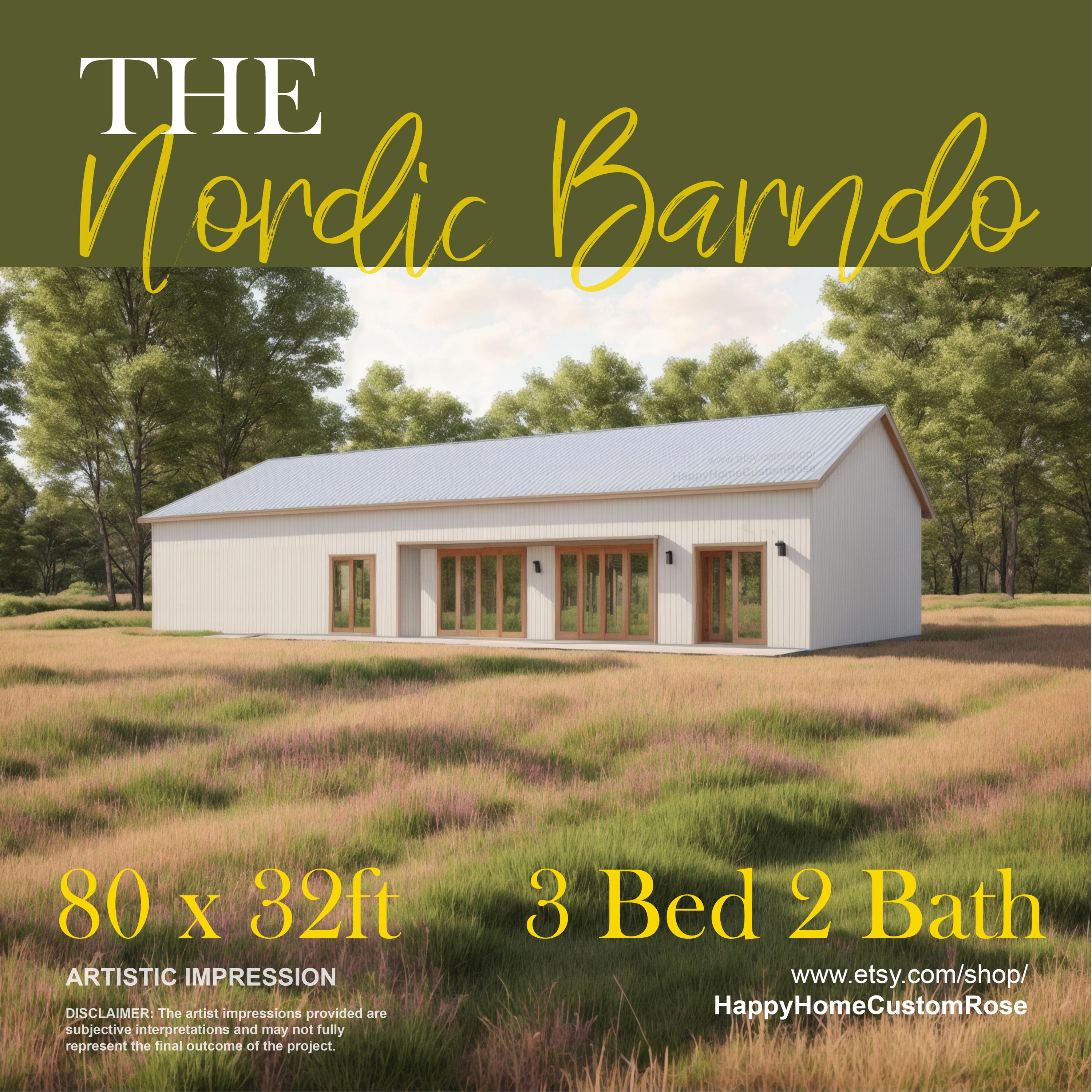 Nordic Barndominium Modern House Open Plan Design 80 x 32 - 3 Bed 2 Bath -  Drawings Blueprints