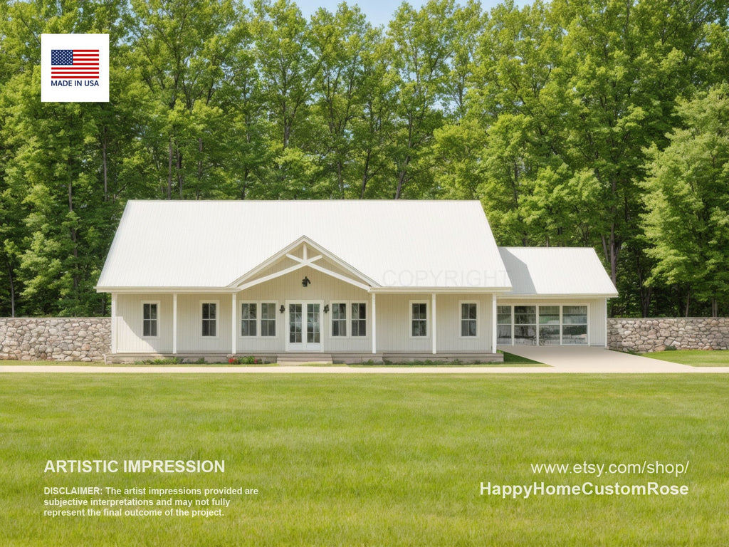 Farmhouse Barndominium - 40' x 60' House Plan Design - 3 Bed 2 Bath - Drawings Blueprints
