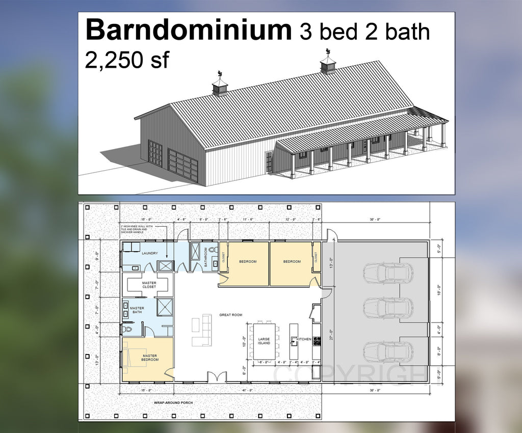 Redwood Barndominium House Plan Design - 3 Bed 2 Bath 2250 sq ft - Three Garage - Drawings Blueprints