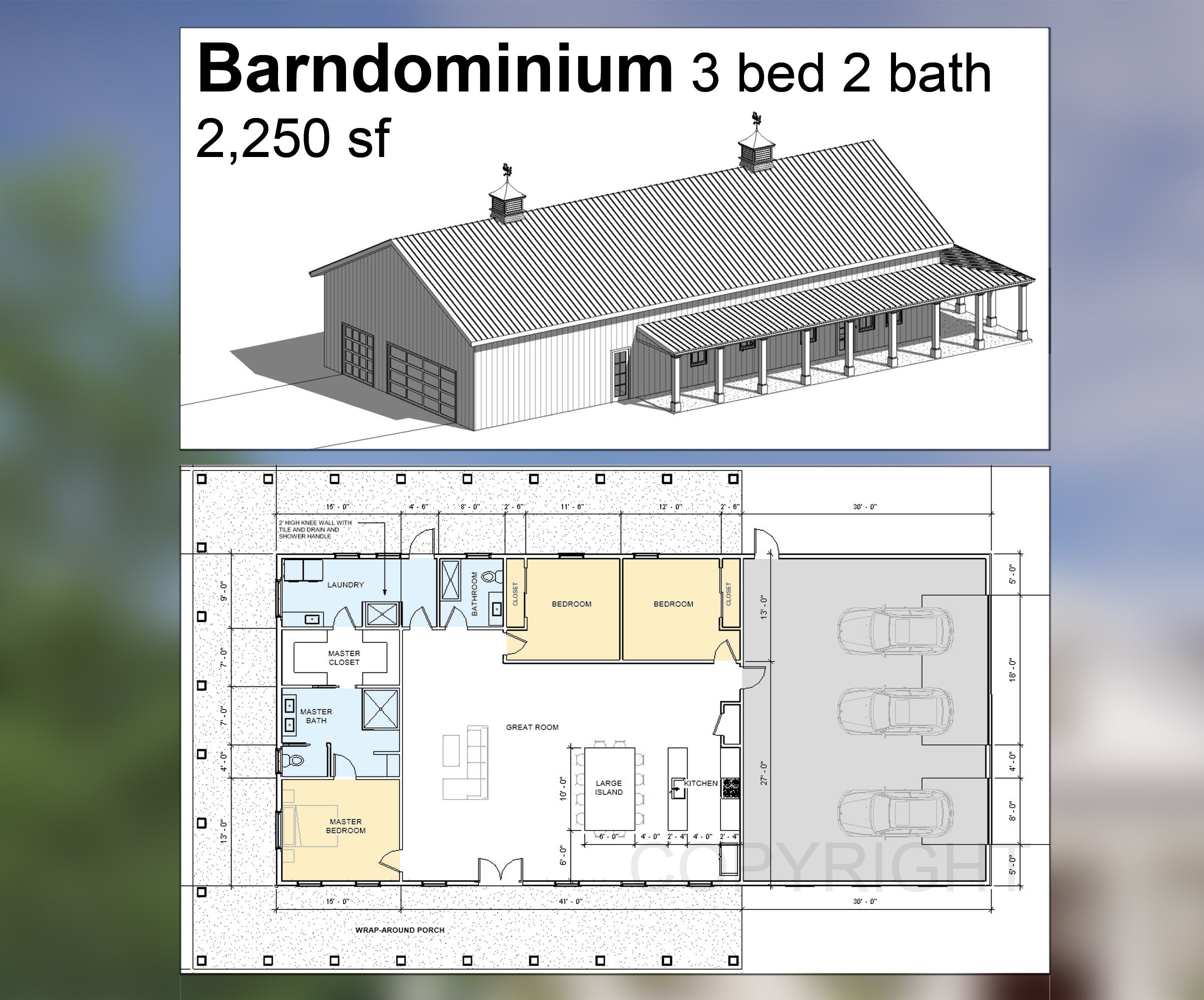 Redwood Barndominium House Plan Design - 3 Bed 2 Bath 2250 sq ft - Three Garage - Drawings Blueprints