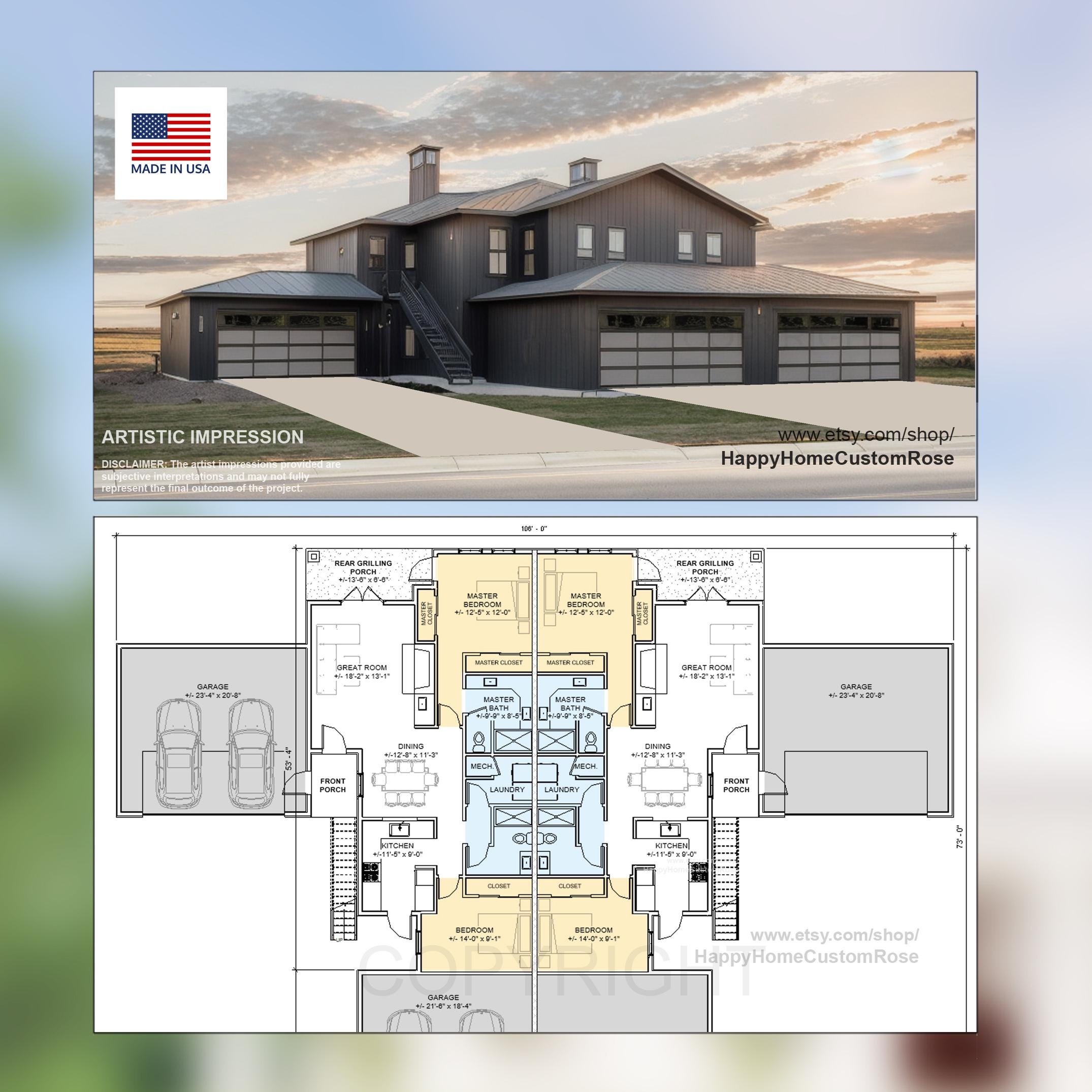 Hip Roof Fourplex Investment Rental Plan - 8 Bed 8 bath - Modern Spacious Multifamily - Drawings Blueprints - Investment Property
