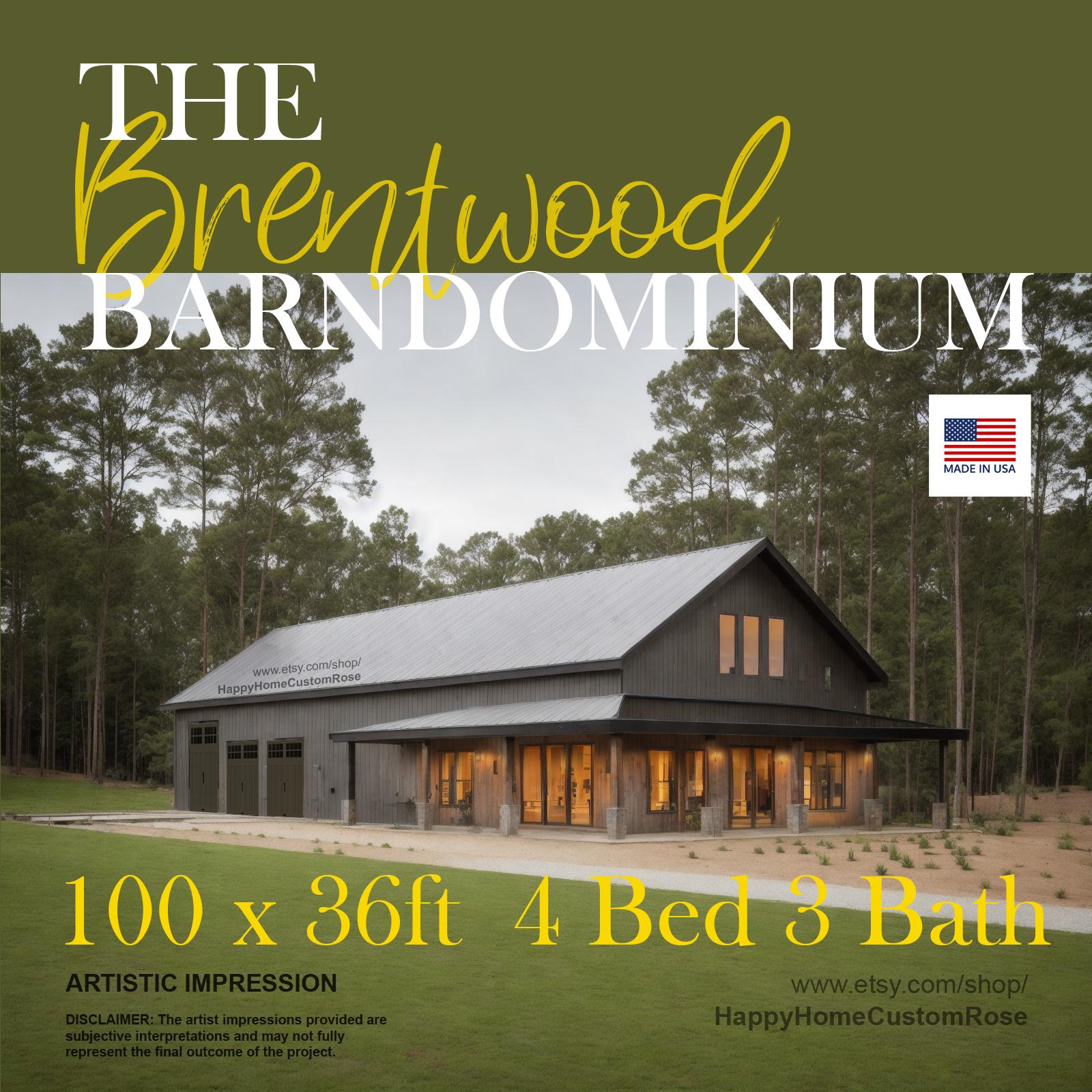 Brentwood Barn Barndominium Modern House Open Plan Design 100 x 36 - 4 Bed 3 Bath -  Drawings Blueprints