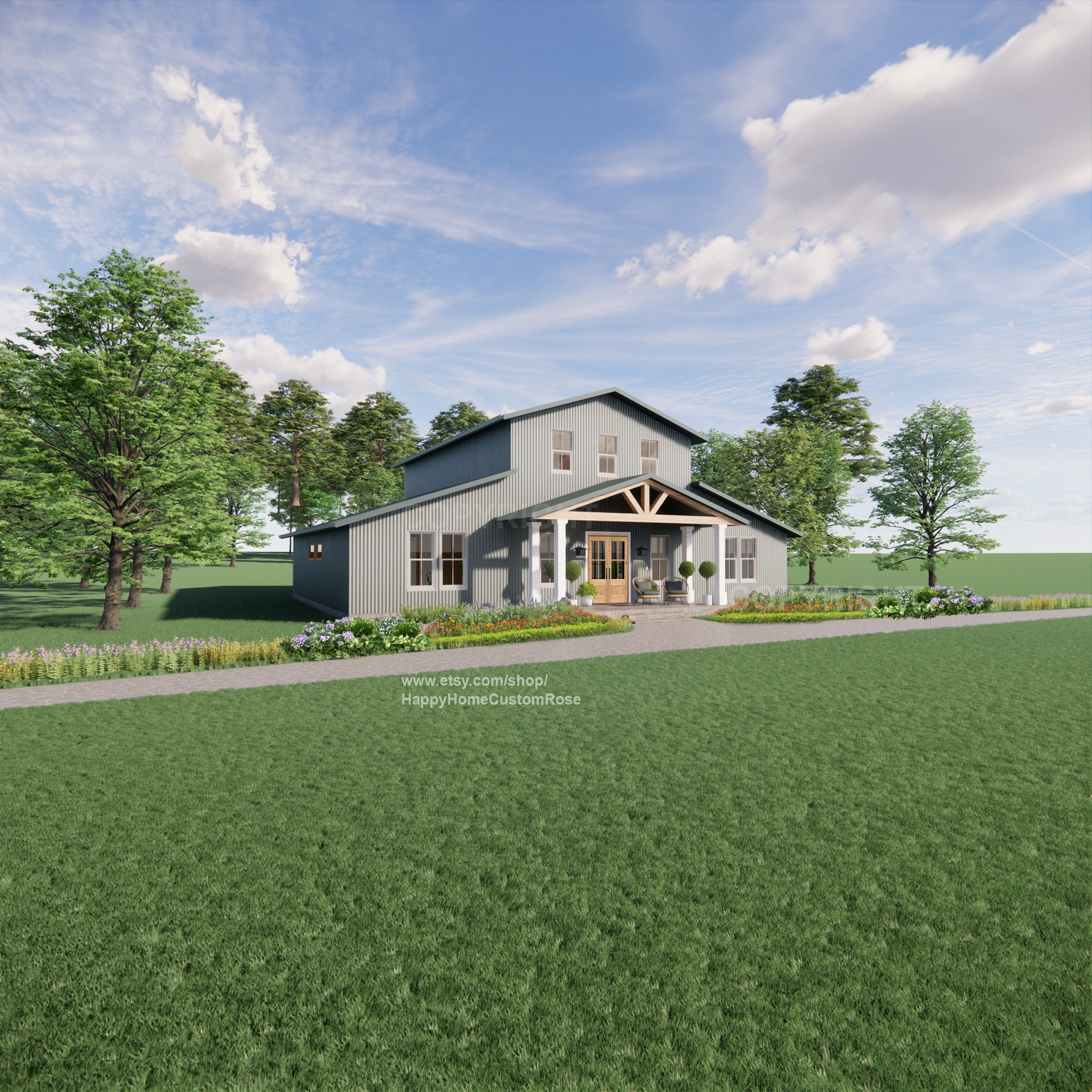 Hayloft Haven Two Story Monitor Style Barndrominium House Plans - Open Plan Design - 4 Bed 3.5 Bath - Drawings Blueprints