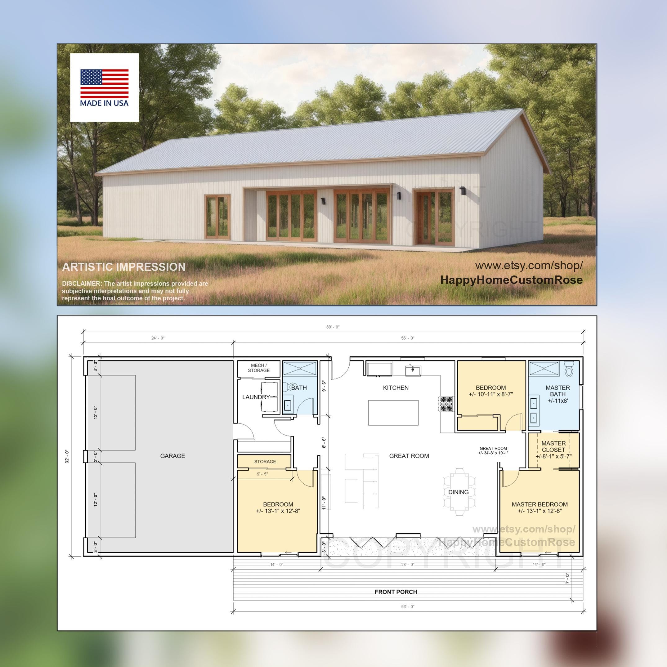 Nordic Barndominium Modern House Open Plan Design 80 x 32 - 3 Bed 2 Bath -  Drawings Blueprints