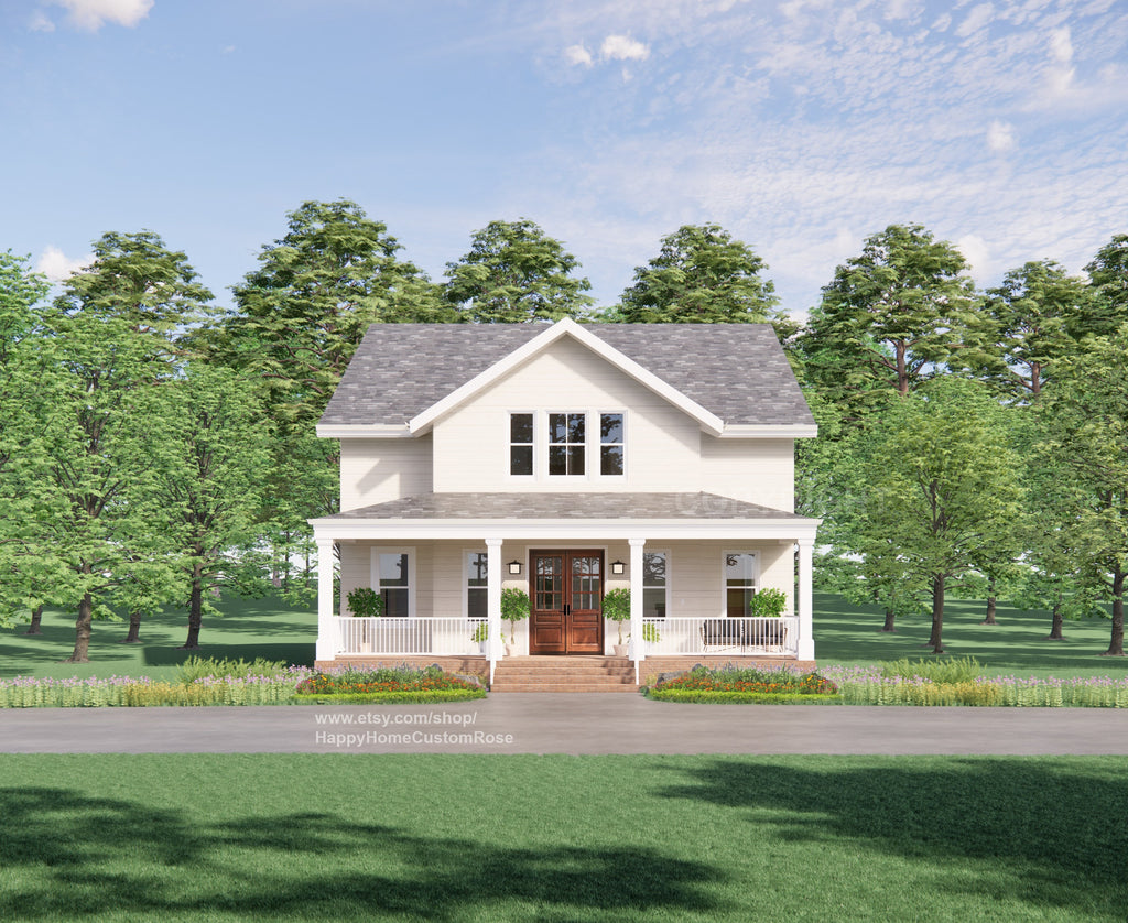 Tall Oak Country Style Farmhouse - Two Story  - 4 Bed 4 Bath - 58x35' - 3480 Square Feet -  Drawings Blueprints