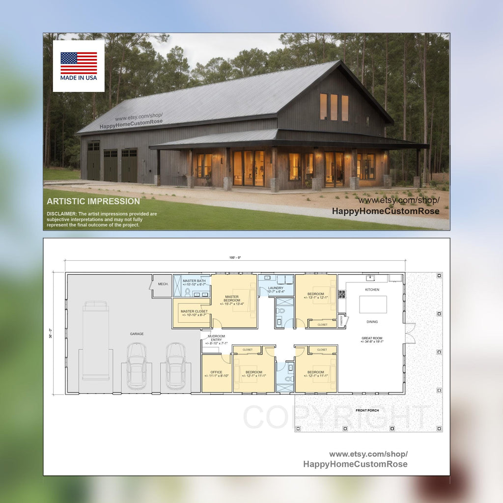 Brentwood Barn Barndominium House Plan - 100x36, 2310 SF, 4 Bed 3 Bath with 3-Car Garage