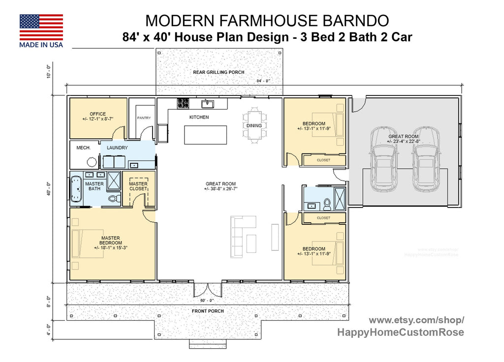 Farmhouse Barndominium - 40' x 60' House Plan Design - 3 Bed 2 Bath - Drawings Blueprints