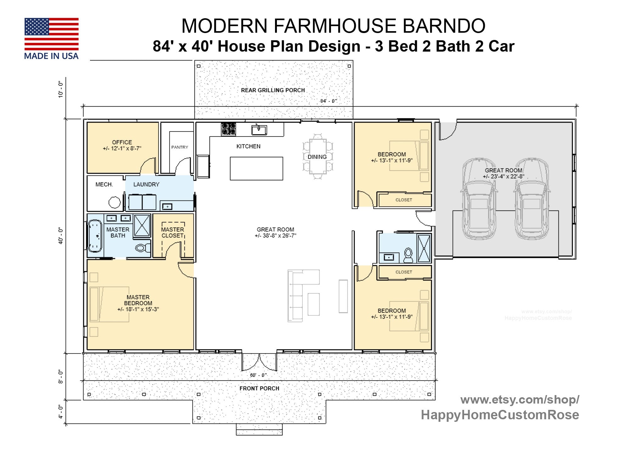 Farmhouse Barndominium - 40' x 60' House Plan Design - 3 Bed 2 Bath - Drawings Blueprints