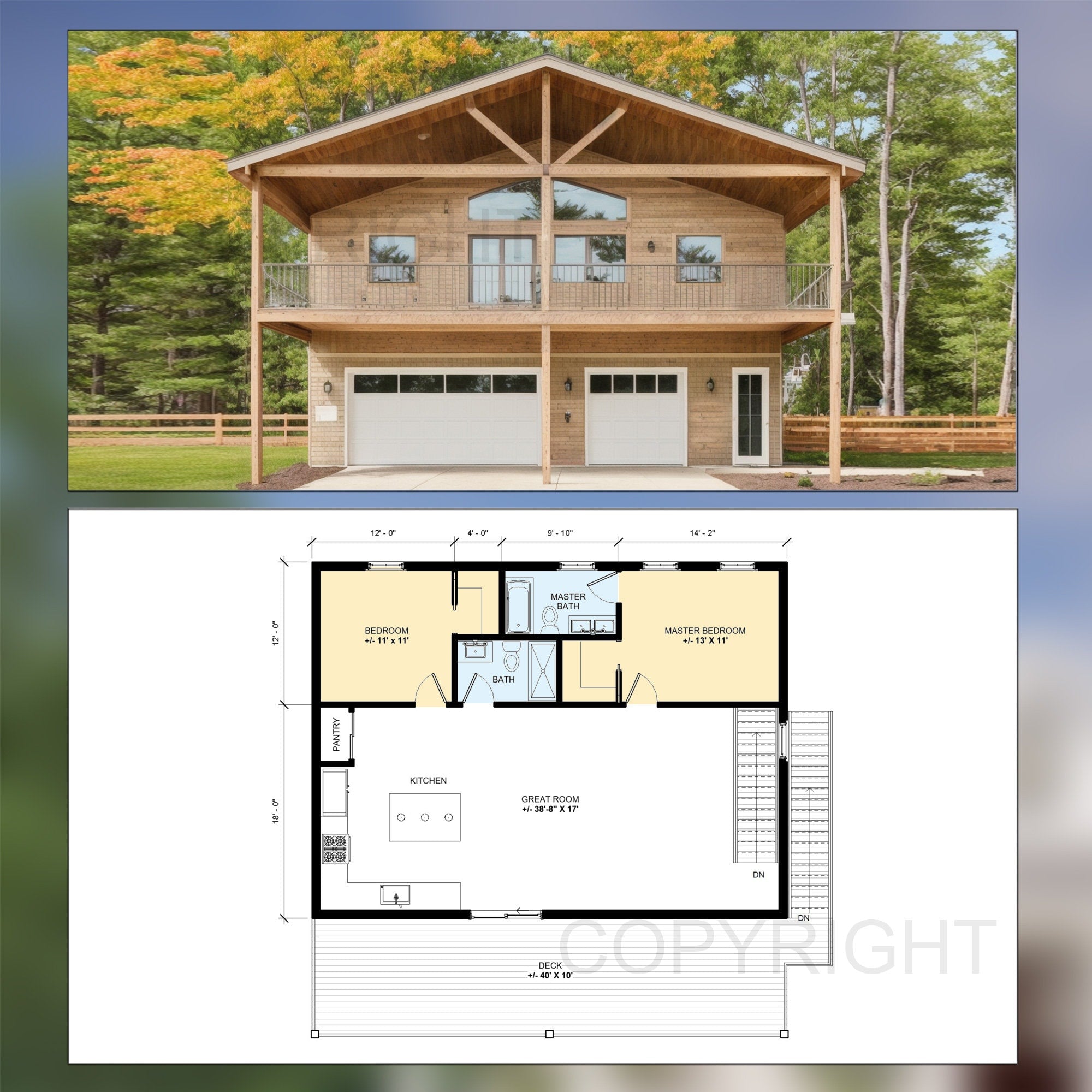 Big Sky Barndominium House Plan Design - 2 Bed 2 Bath 2400 sq ft - 3 Garage - EXPANSIVE DECK - Drawings Blueprints