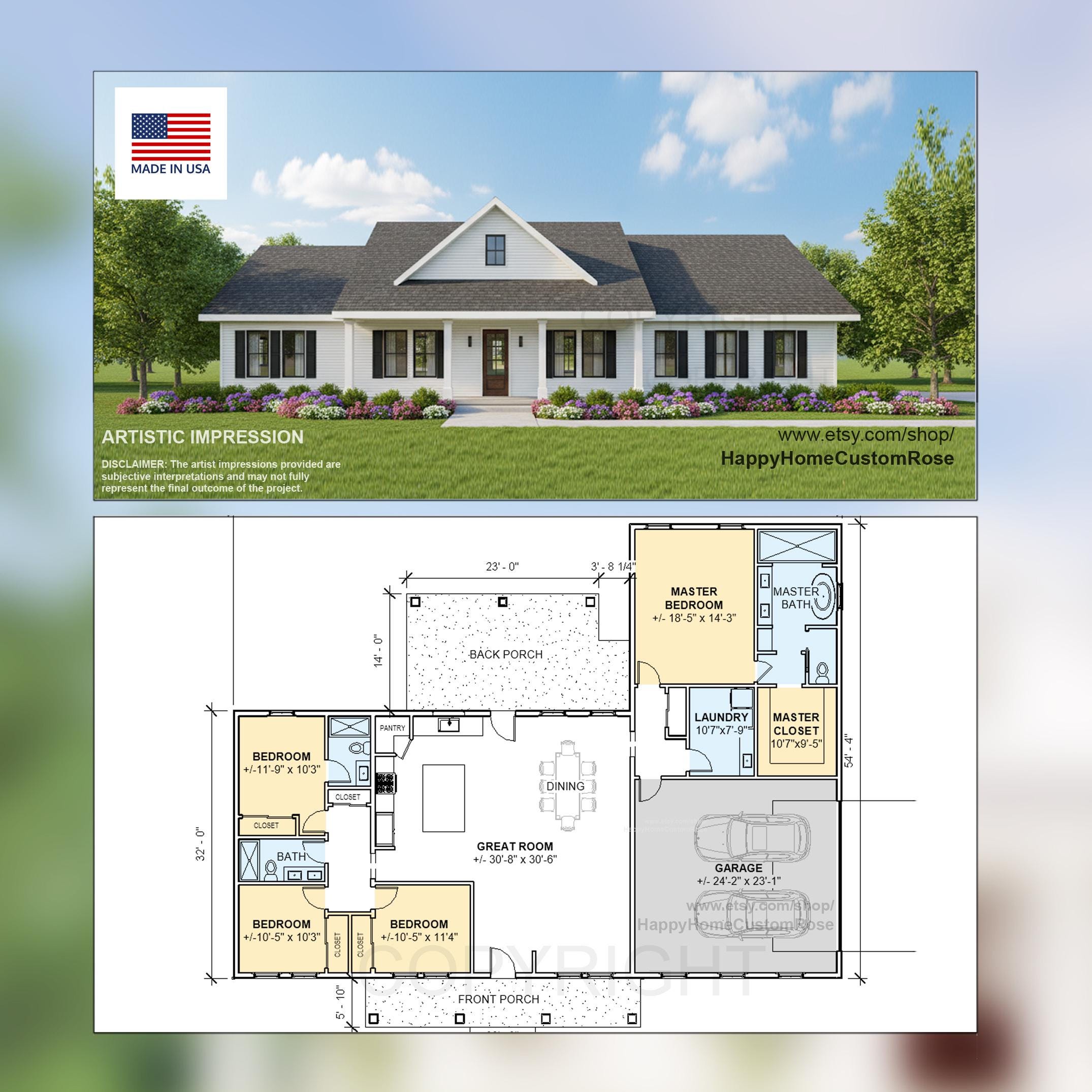 Country Estate Farmhouse House Plan - 2305 SF, 4 Bed 3 Bath - Modern Open Floor Plan Blueprints