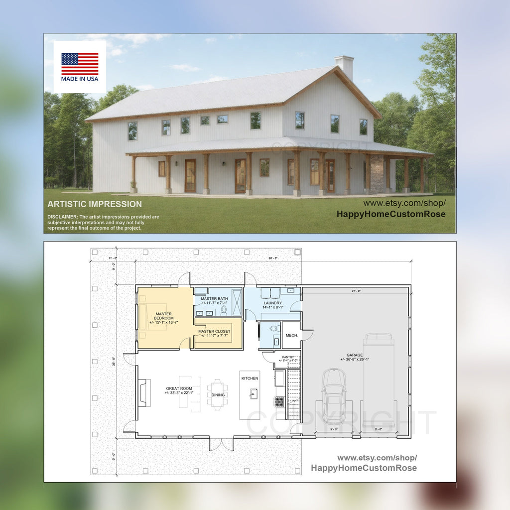 Farmhouse Barndo House Plan - 68x38, 3 Bed 3 Bath with 2-Car + RV Garage - Modern Blueprints