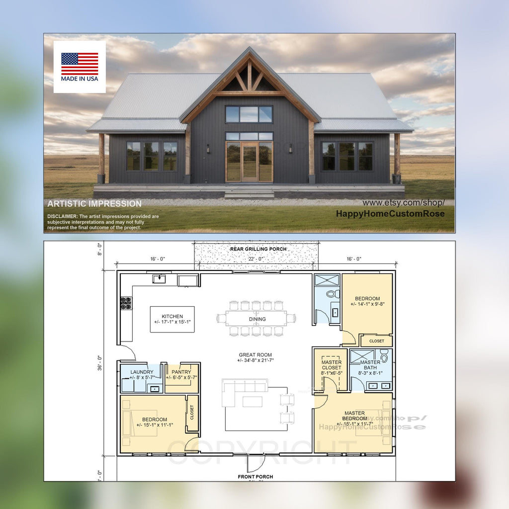 Bold Birch Barndominium Modern House Open Plan Design 54 x 36 - 3 Bed 2 Bath -  Drawings Blueprints