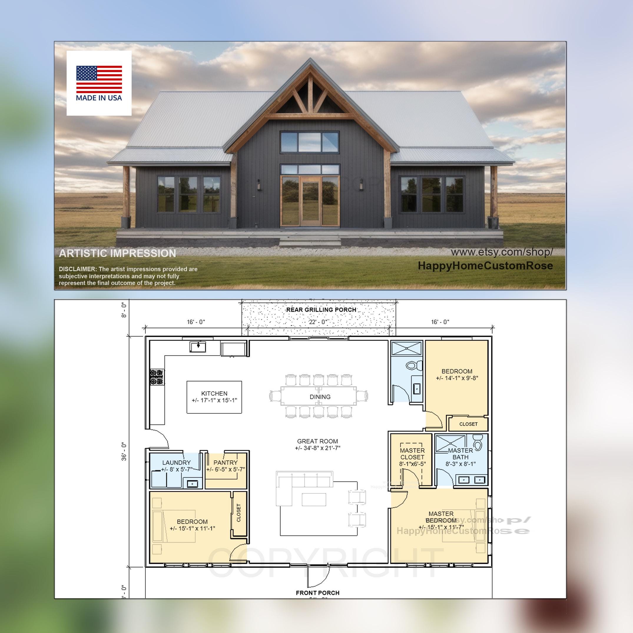 Bold Birch Barndominium Modern House Open Plan Design 54 x 36 - 3 Bed 2 Bath -  Drawings Blueprints