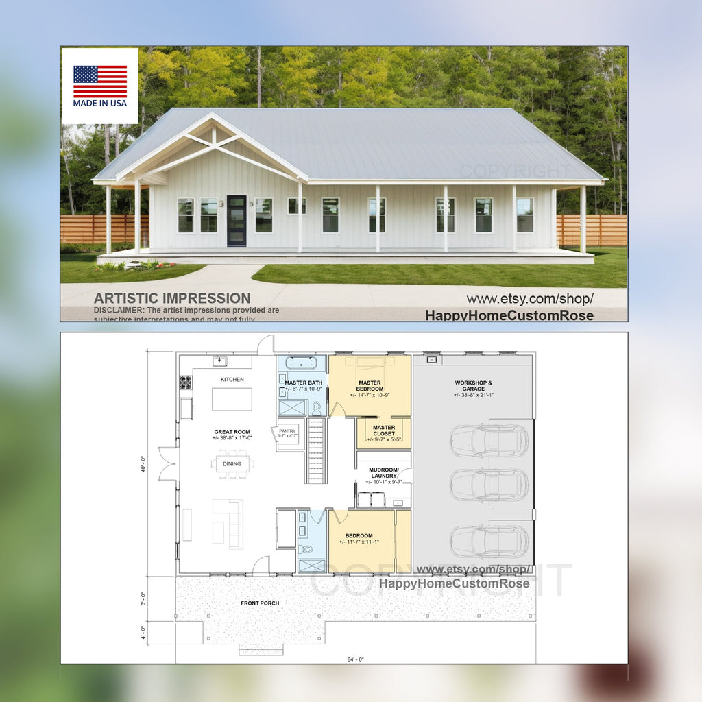 Luxury Farmhouse Barndominium - 64' x 40' House Plan Design - 2 Bed 2 Bath - Drawings Blueprints