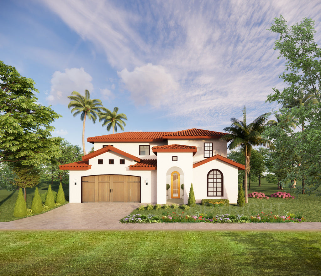 Santorini Luxury Modern Mediterranean House Plan Design - 4 Bed 3 Bath 3068 sq ft - Double Garage - Drawings Blueprints