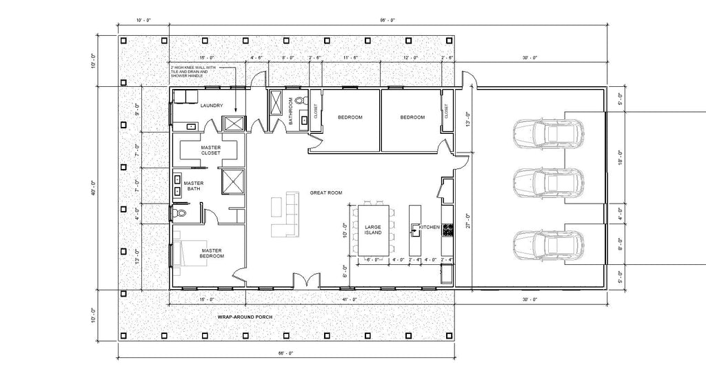 Redwood Barndominium House Plan Design - 3 Bed 2 Bath 2250 sq ft - Three Garage - Drawings Blueprints