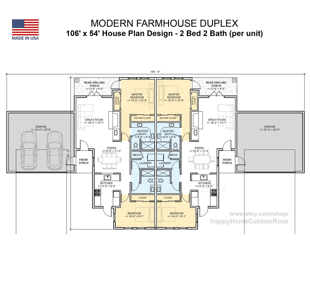 Hip Roof Duplex Investment Rental Plan - 2 Bed 2 bath - 1228 SF - Modern Spacious Multifamily - Drawings Blueprints - Investment Property