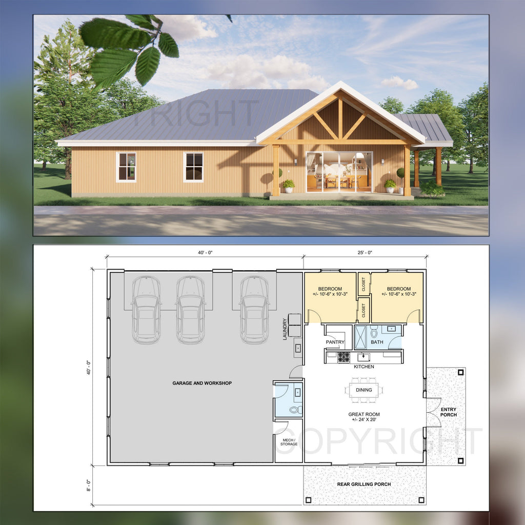 Ozark Compact Homestead Barndominium House Plan Design 65 x 40 - 2 Bed 1.5 Bath - 3 Garage -  Drawings Blueprints