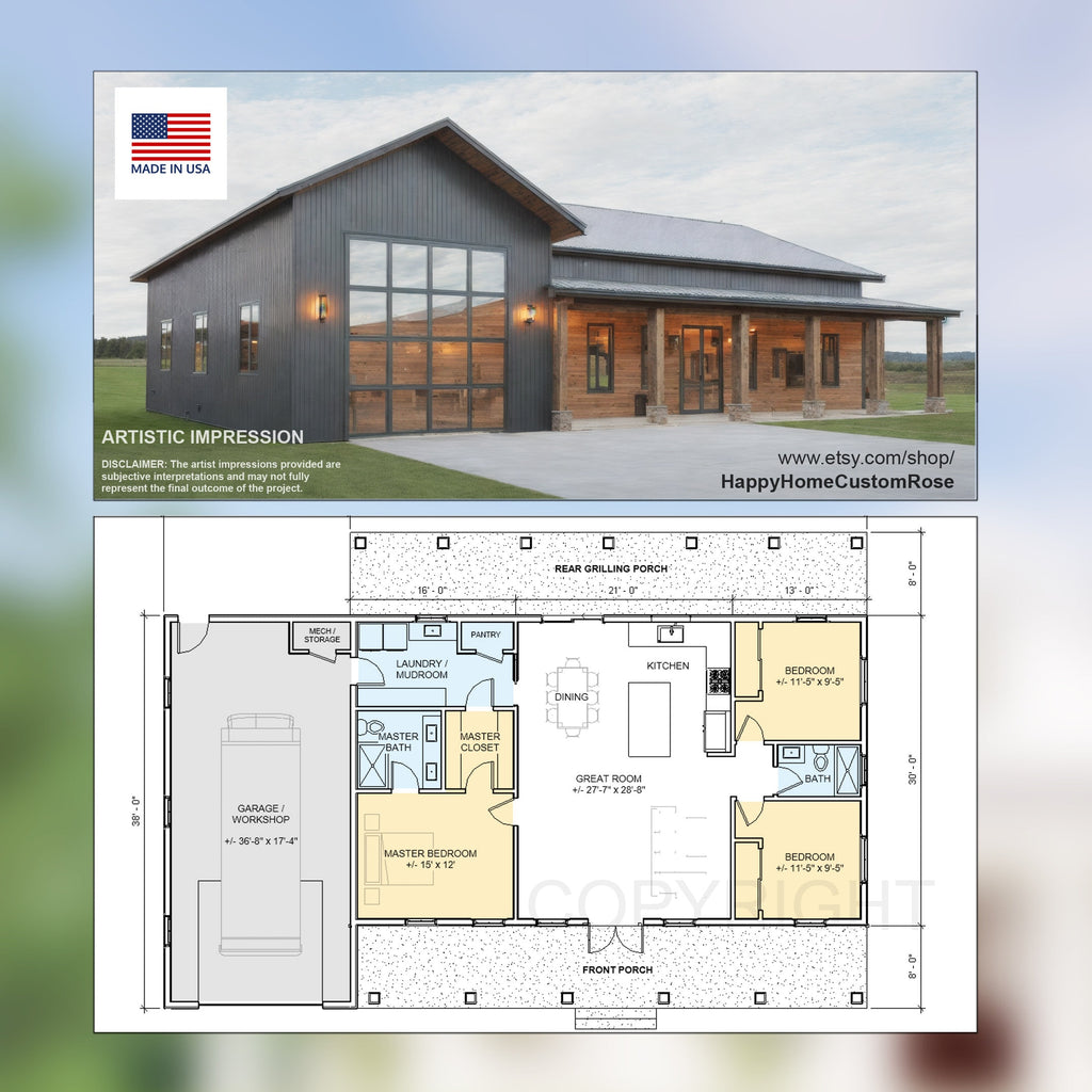 Great Oak Barn Barndominium Modern House Open Plan Design 68 x 38 - 3 Bed 2 Bath Garage Shop Barndo -  Drawings Blueprints