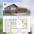 Great Oak Barn Barndominium Modern House Open Plan Design 68 x 38 - 3 Bed 2 Bath Garage Shop Barndo -  Drawings Blueprints