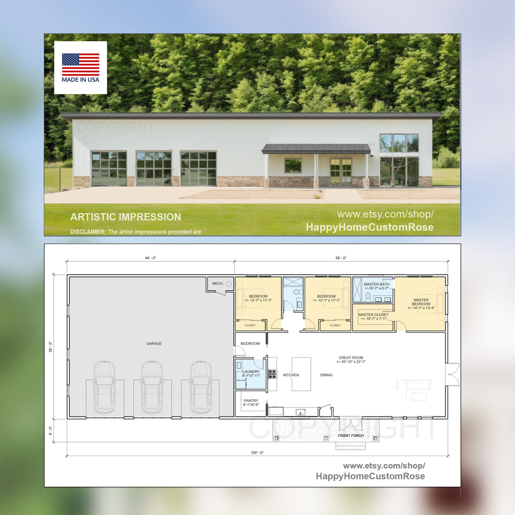 High Ridge Farmstead Modern House Open Plan Design 100 x 38 - 3 Bed 2 Bath -  Drawings Blueprints