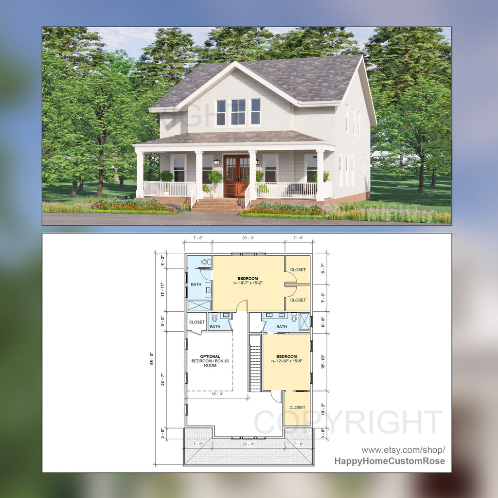 Tall Oak Country Style Farmhouse - Two Story  - 4 Bed 4 Bath - 58x35' - 3480 Square Feet -  Drawings Blueprints