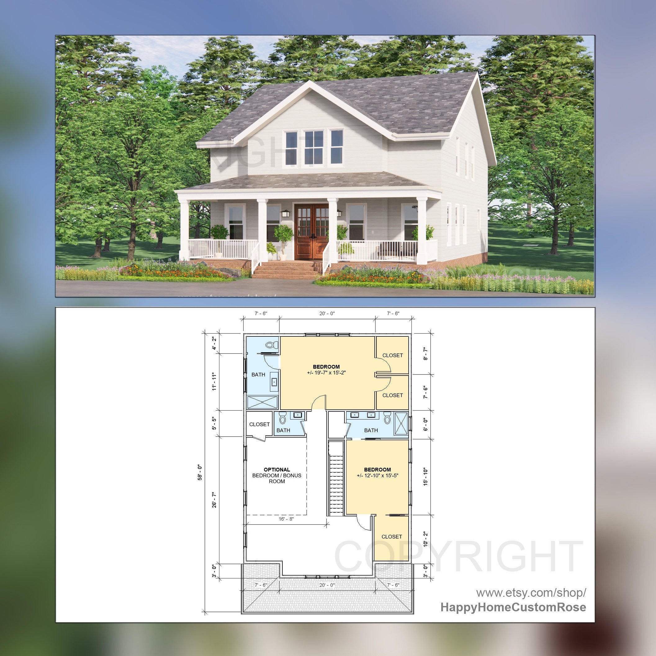 Tall Oak Country Style Farmhouse - Two Story  - 4 Bed 4 Bath - 58x35' - 3480 Square Feet -  Drawings Blueprints