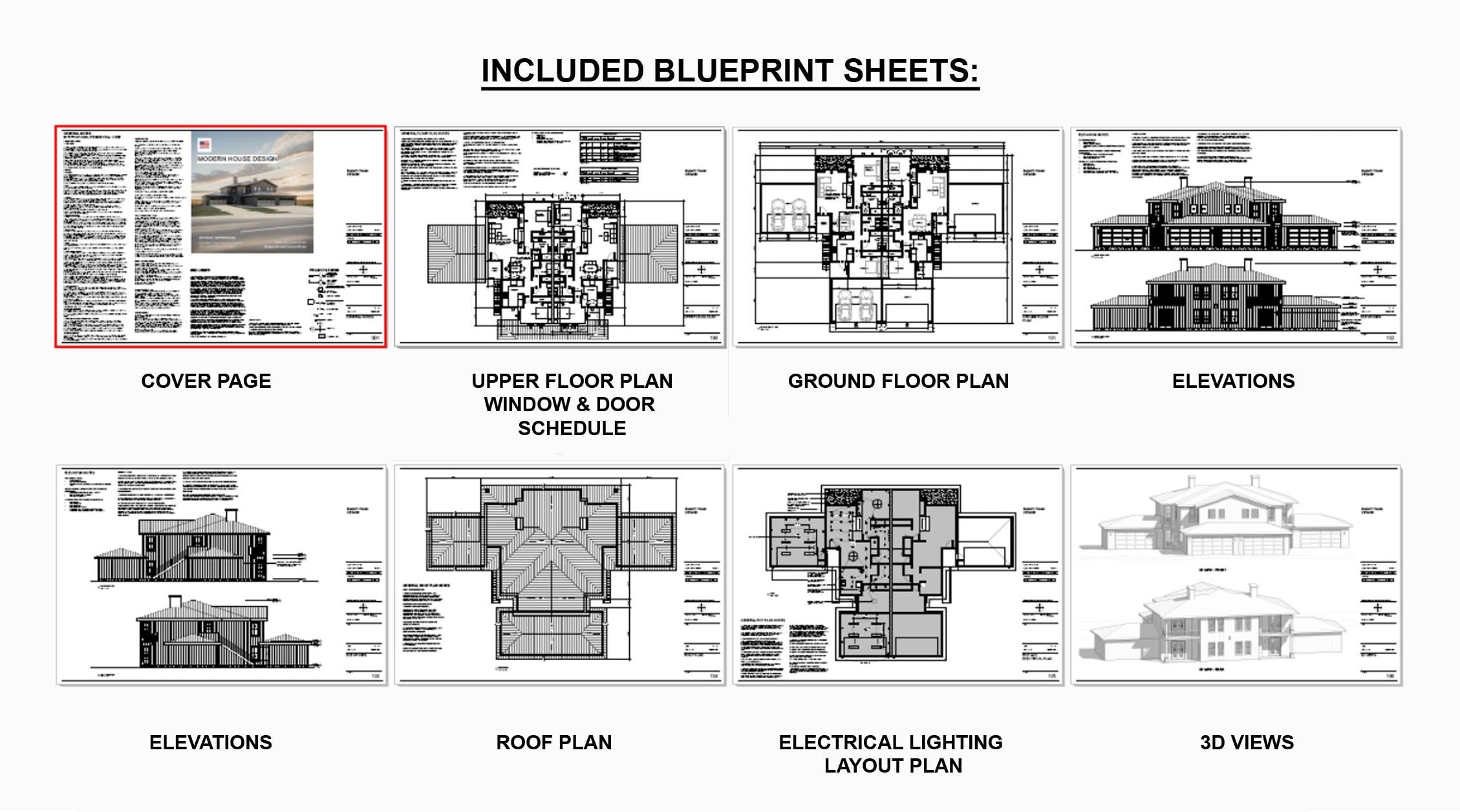Hip Roof Fourplex Investment Rental Plan - 8 Bed 8 bath - Modern Spacious Multifamily - Drawings Blueprints - Investment Property