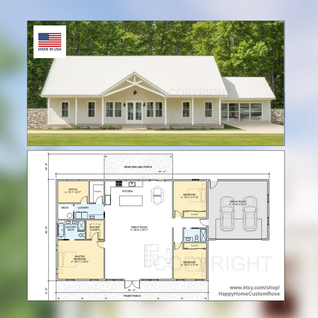 Farmhouse Barndominium - 40' x 60' House Plan Design - 3 Bed 2 Bath - Drawings Blueprints