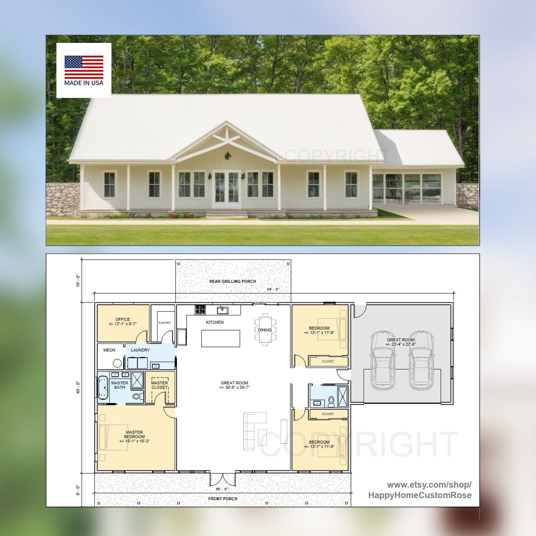 Farmhouse Barndominium - 40' x 60' House Plan Design - 3 Bed 2 Bath - Drawings Blueprints