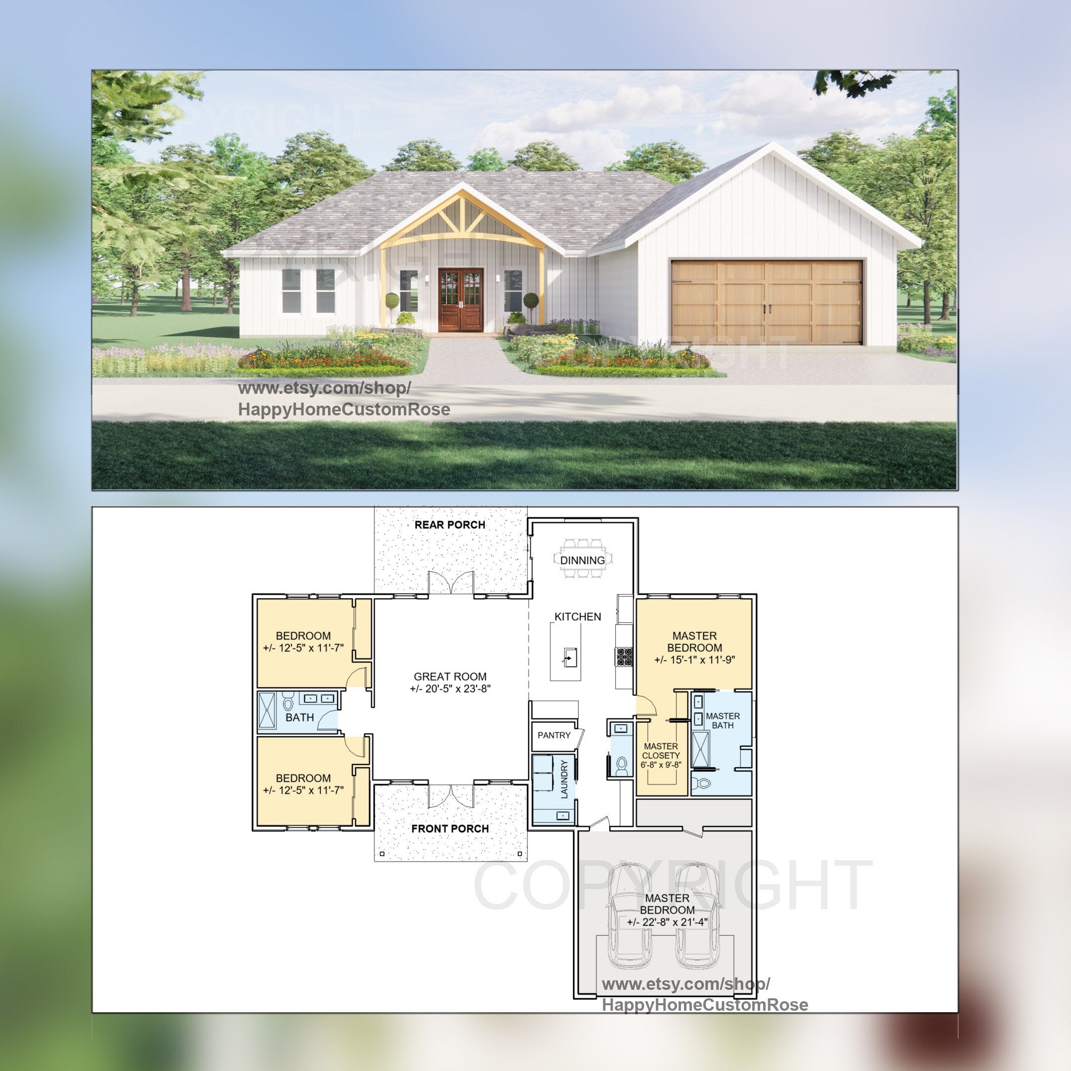 Riverside Farmhouse Modern House Open Plan Design 3 Bed 2.5 Bath 2 Car -  Drawings Blueprints